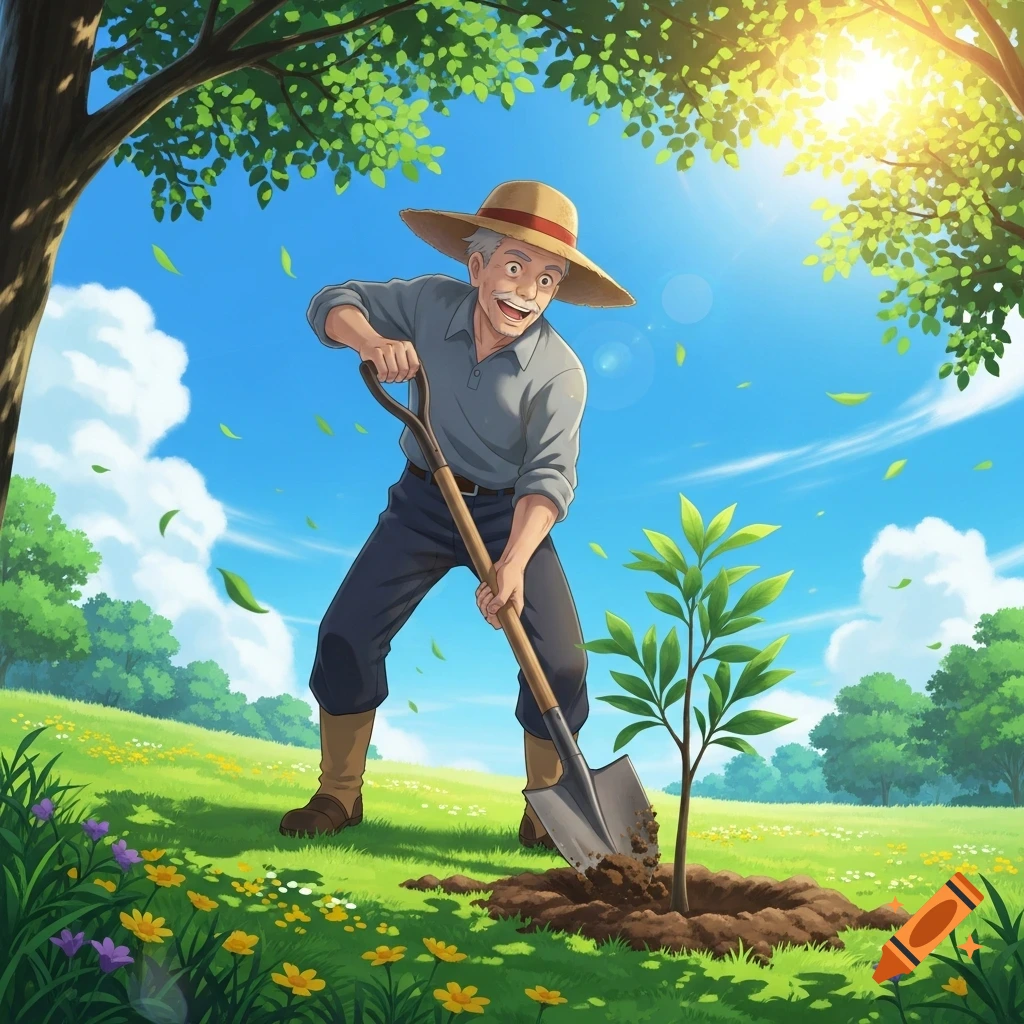 An energetic elderly man with a straw hat smiles as he plants a young tree in a sunny park. Anime style.