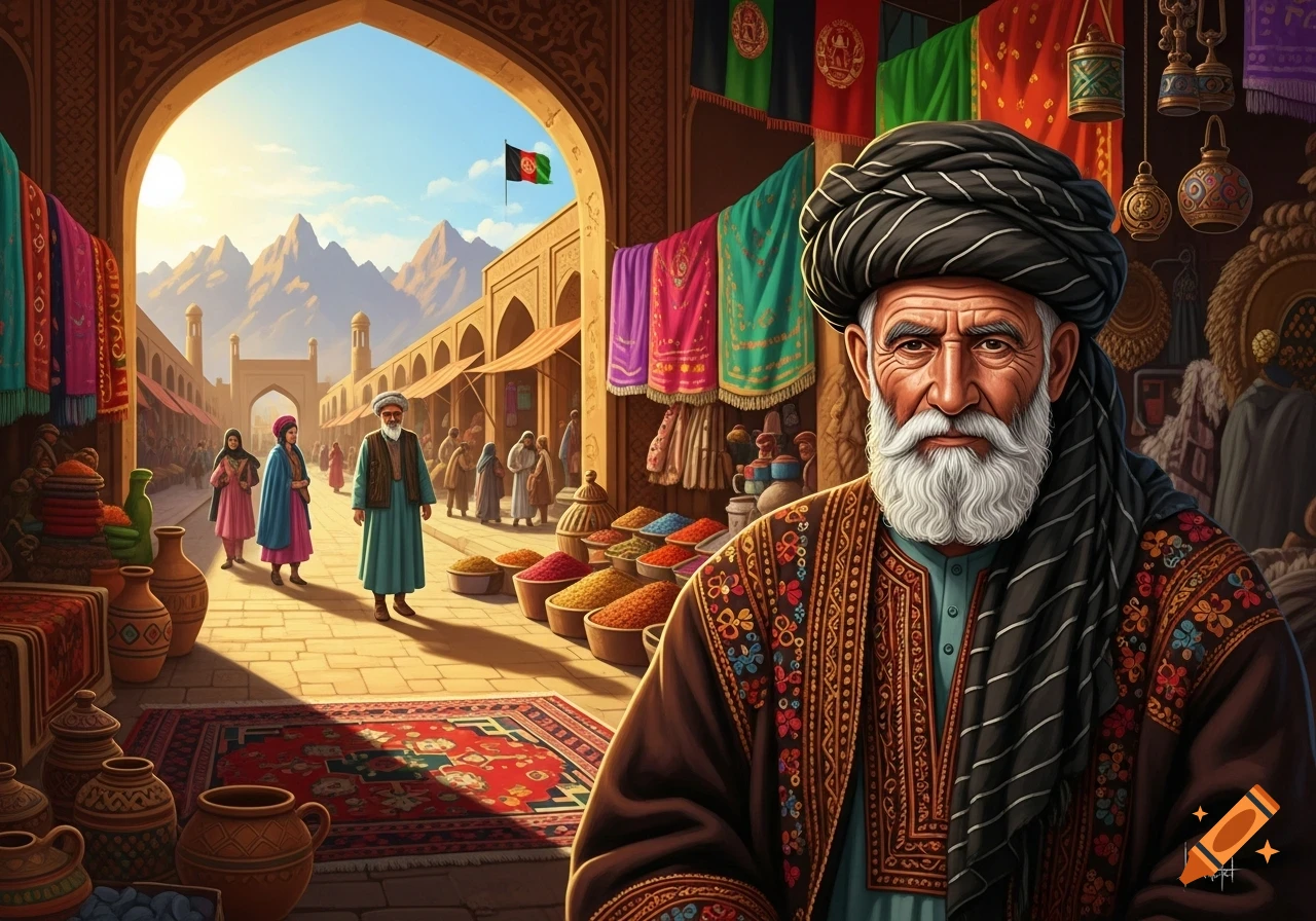 A vibrant illustration of an older man with a white beard and turban, in a bustling Afghan marketplace with stalls, people, and an Afghan flag flying under a sunny sky.
