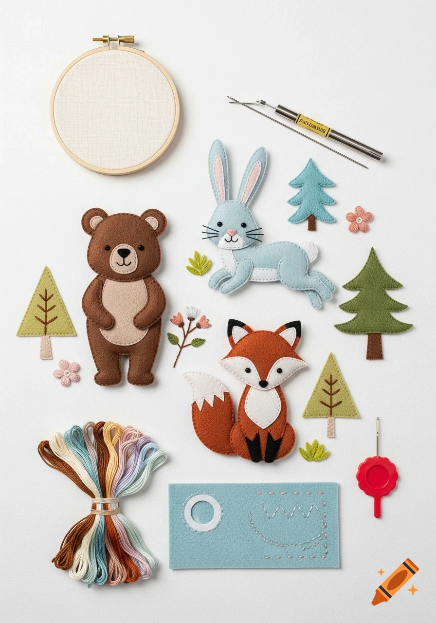 Felt craft kit with a brown bear, blue bunny, orange fox, green trees, embroidery hoop, colorful threads, and tools on white.
