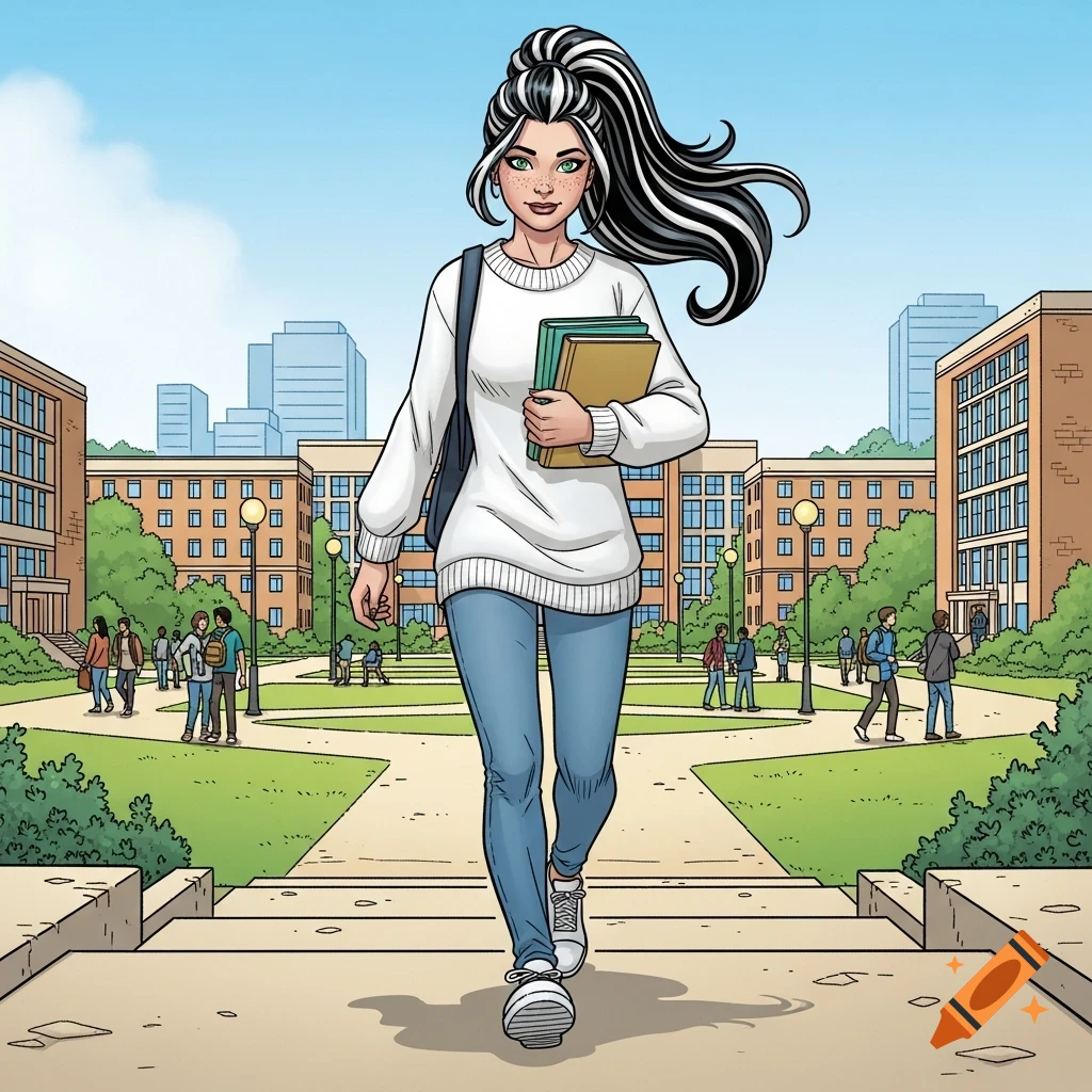 A young woman with black and white streaked hair, green eyes, and freckles walks across a college campus, carrying books, in a Marvel comic style.