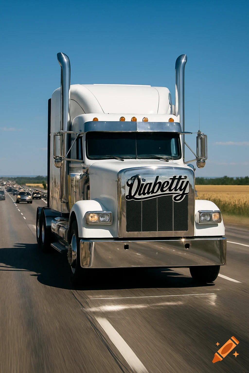 A white semi-truck with 'Diabetty' on its grille drives down a multi-lane highway under a clear blue sky.