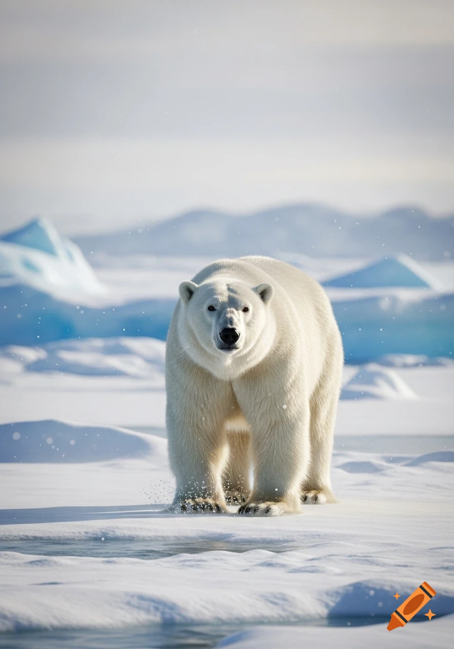 A photorealistic polar bear stands on an icy, snowy landscape, looking directly at the viewer.
