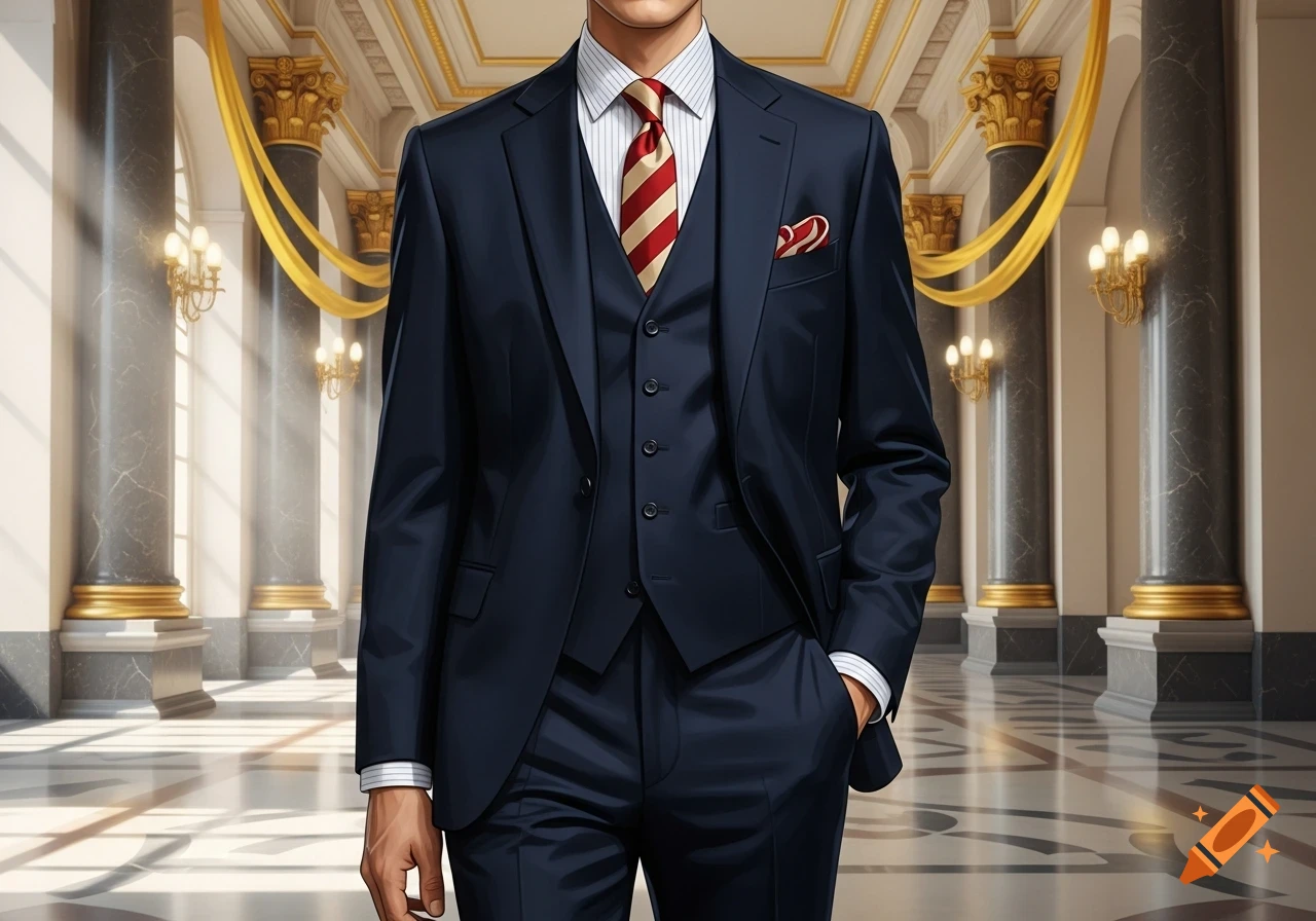 A man in a navy blue suit, vest, and red-cream striped tie stands formally in a grand hall with pillars.