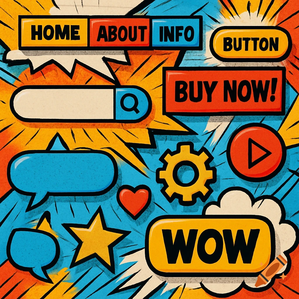 Vibrant comic book style UI elements including buttons labeled HOME, ABOUT, INFO, BUY NOW, BUTTON, WOW, a search bar, and various icons.
