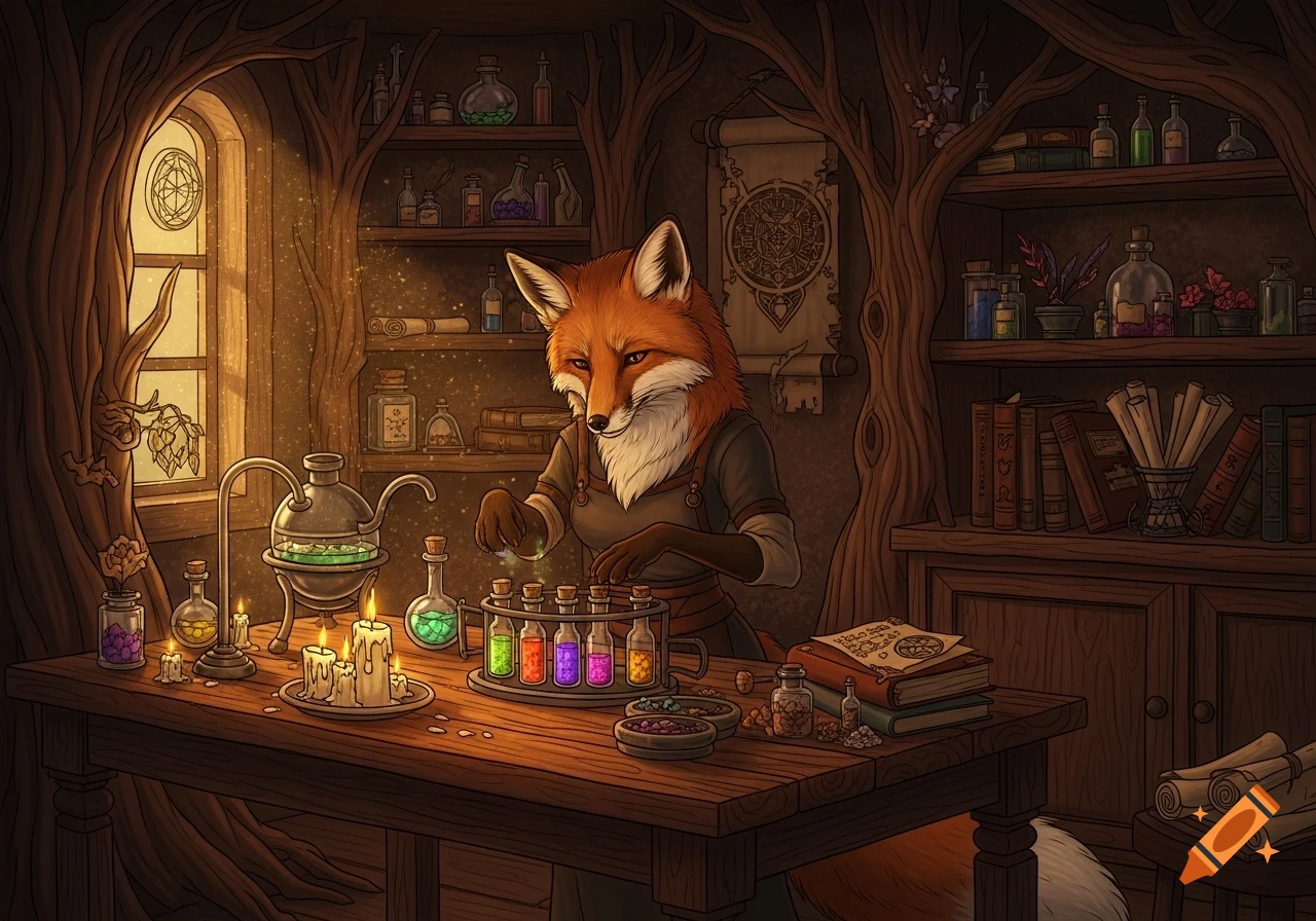 A red fox vixen alchemist mixes colorful potions at a candlelit wooden table in a cozy, root-walled magical study filled with books and vials.