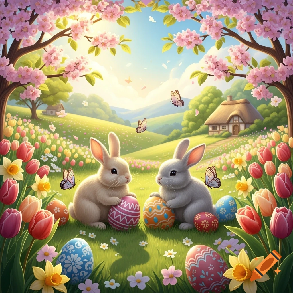 Two cute bunnies among colorful Easter eggs and spring flowers under cherry blossoms in a sunny meadow with a cottage.
