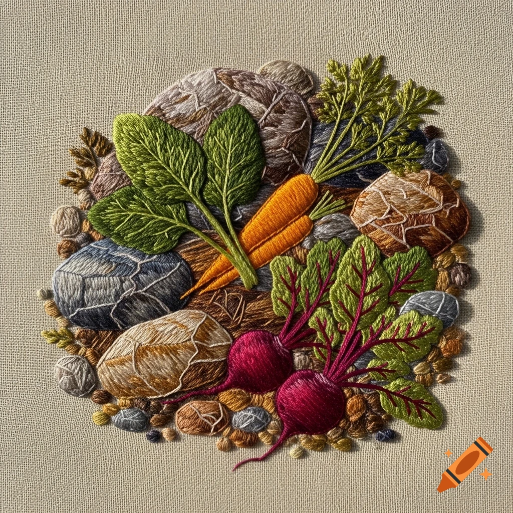 Detailed embroidery of carrots, beets, and leafy greens nestled among rocks on a light fabric.