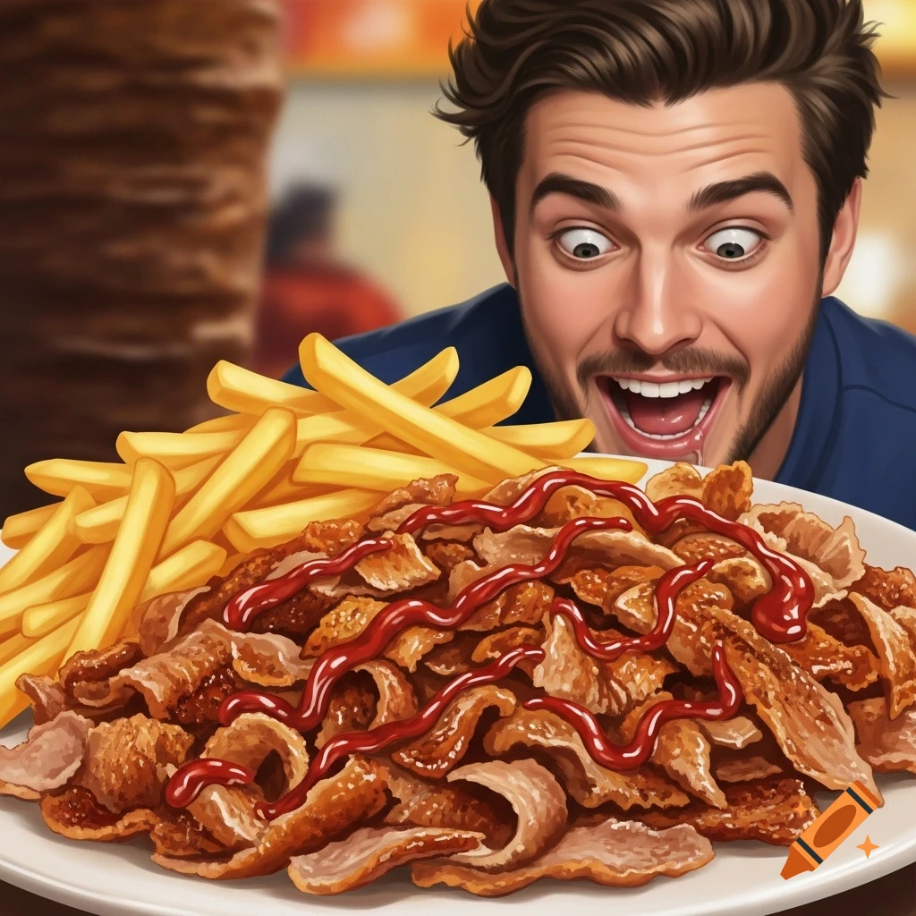A digitally illustrated man with wide eyes and an open mouth, drooling at a large plate of döner kebab with fries and red sauce.