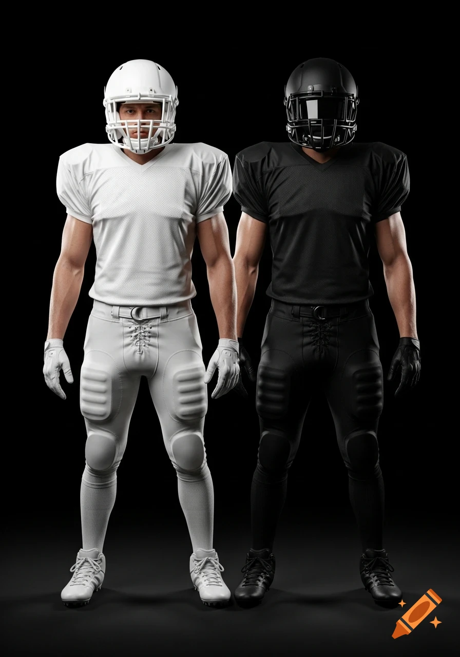 Two American football players, one in white and one in black uniform, standing against a dark background.