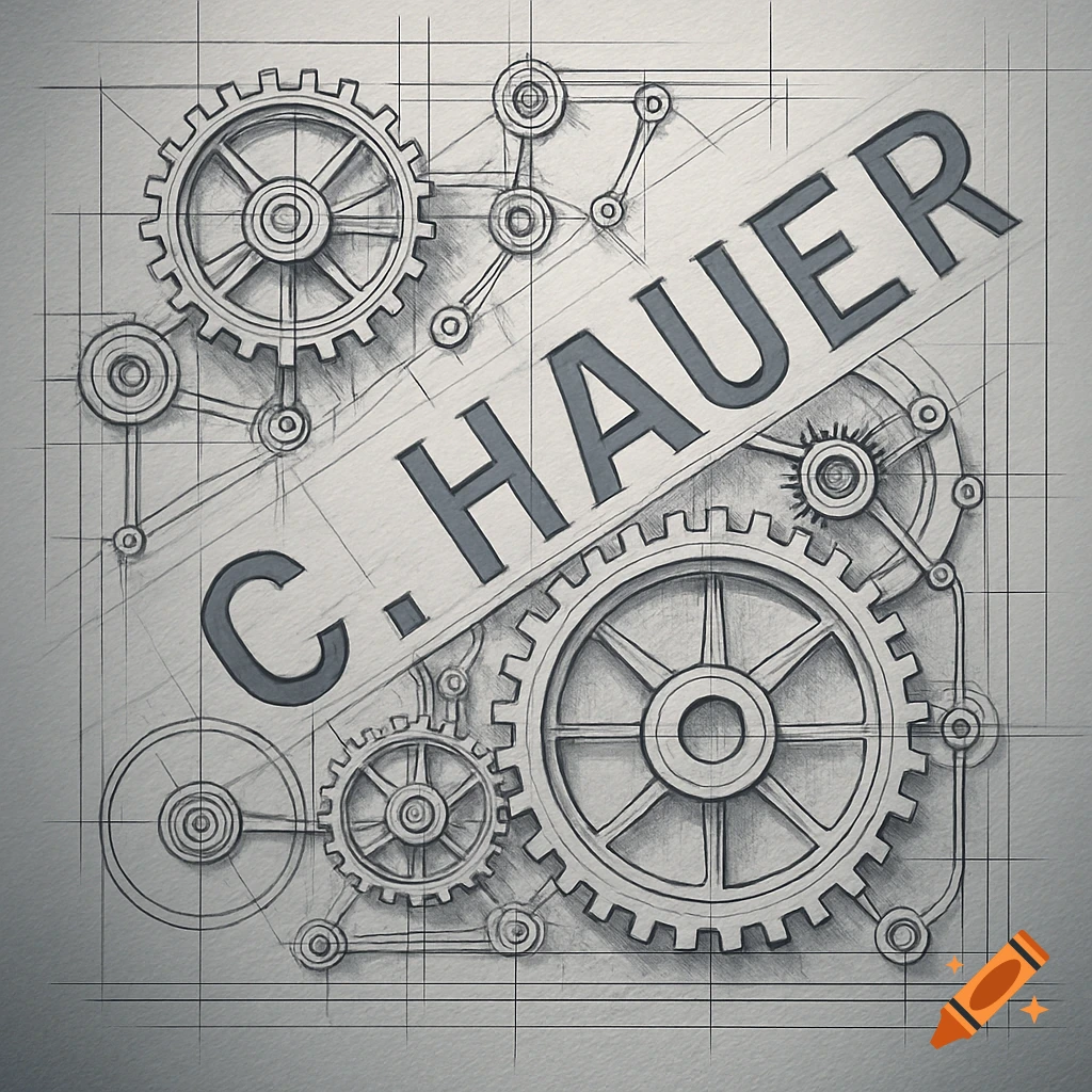 Detailed pencil sketch of a mechanical blueprint with gears and connecting rods, featuring the name 'C. HAUER' diagonally across.