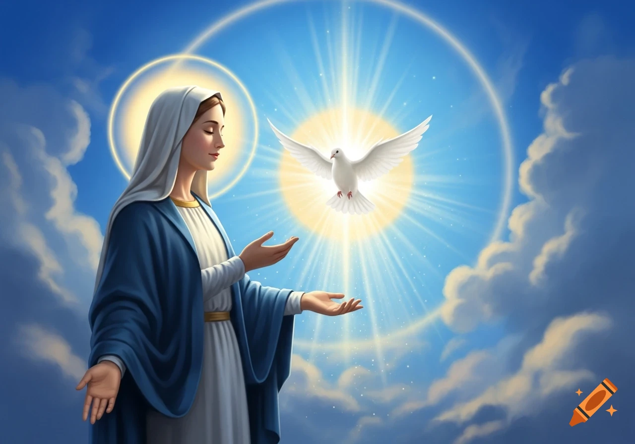 Serene Virgin Mary in blue robes, hands open, beneath a white dove descending from a radiant sunburst in a blue, cloudy sky, in a religious art style.