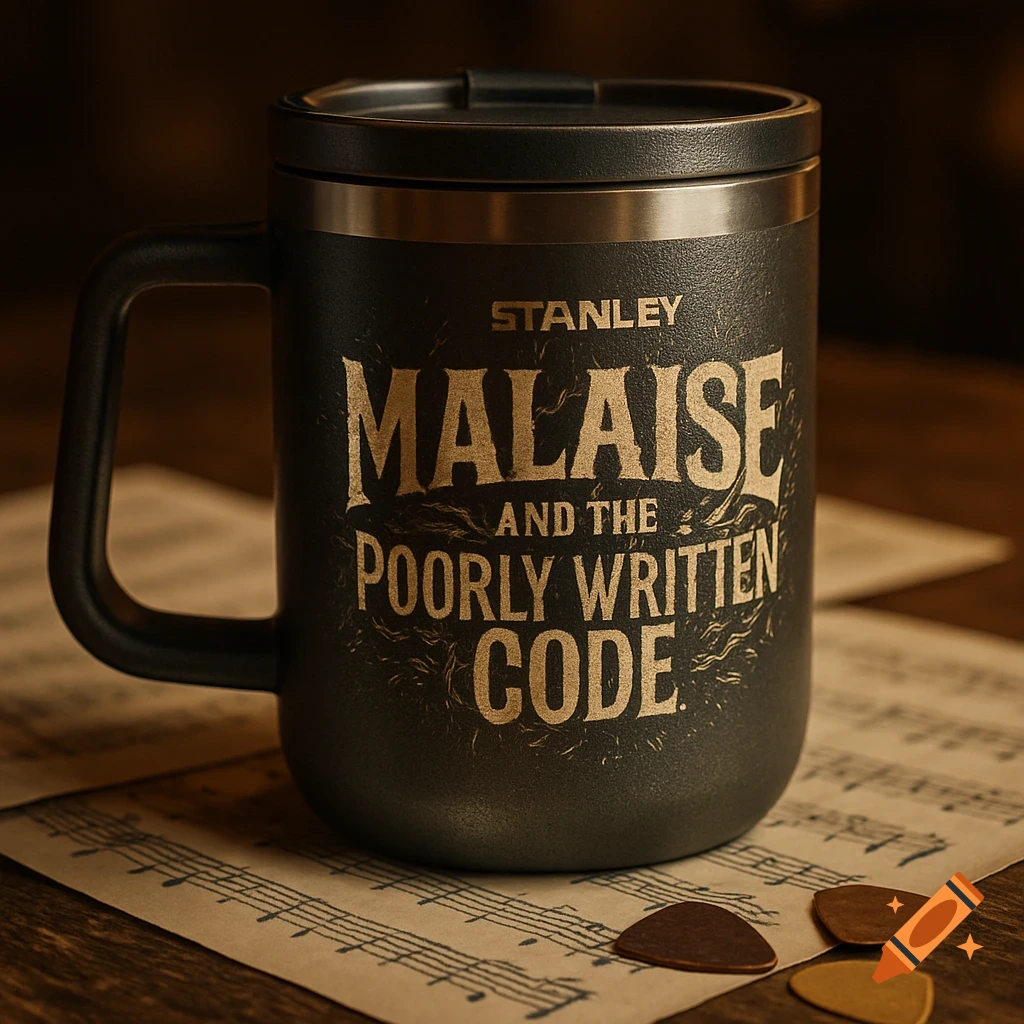 Dark grey Stanley mug with 'Malaise and the Poorly Written Code' logo on a wooden table with sheet music and guitar picks.