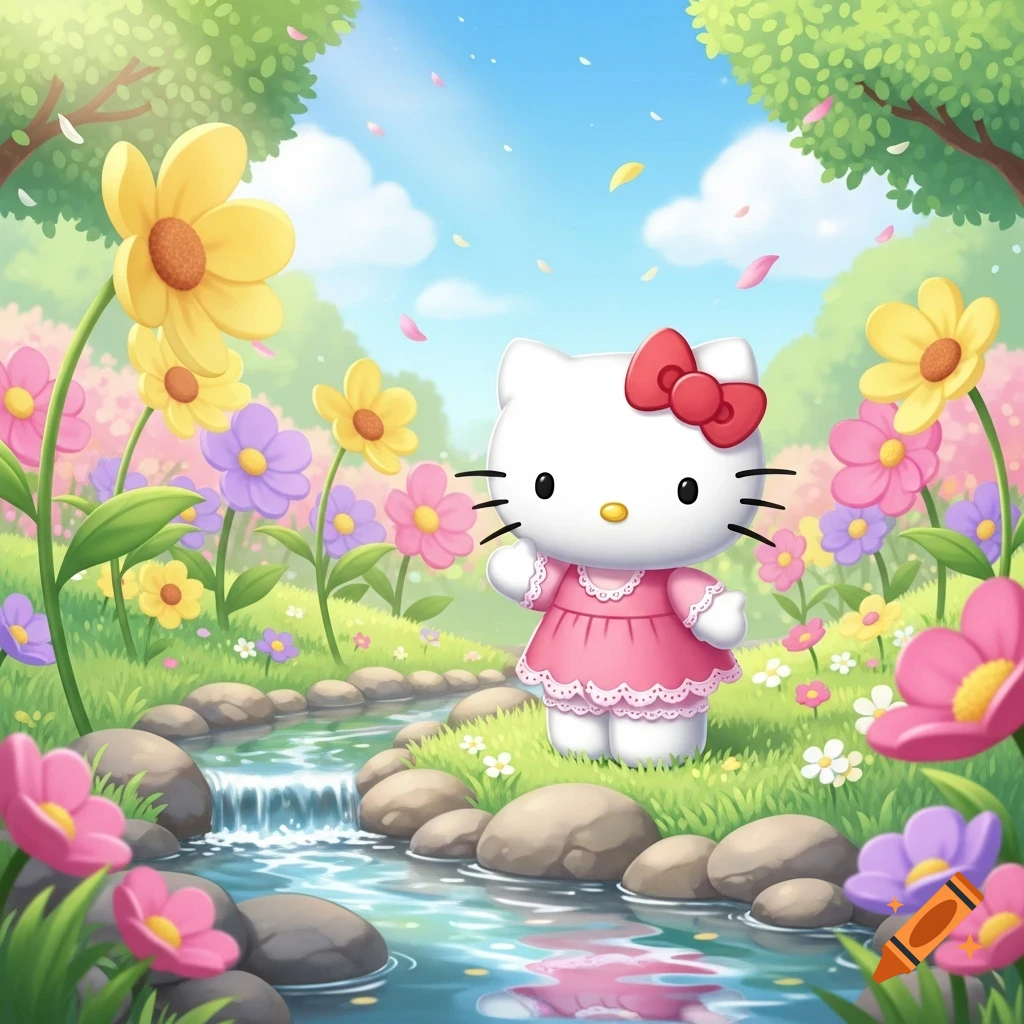 Cute cartoon Hello Kitty in a pink dress stands in a vibrant flowery meadow with a winding stream and a bright blue sky.