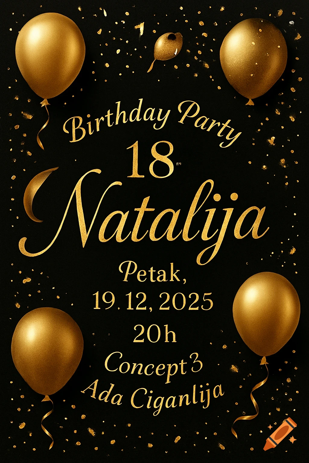 Gold and black birthday invitation for Natalija's 18th party on 19.12.2025, with balloons and confetti.