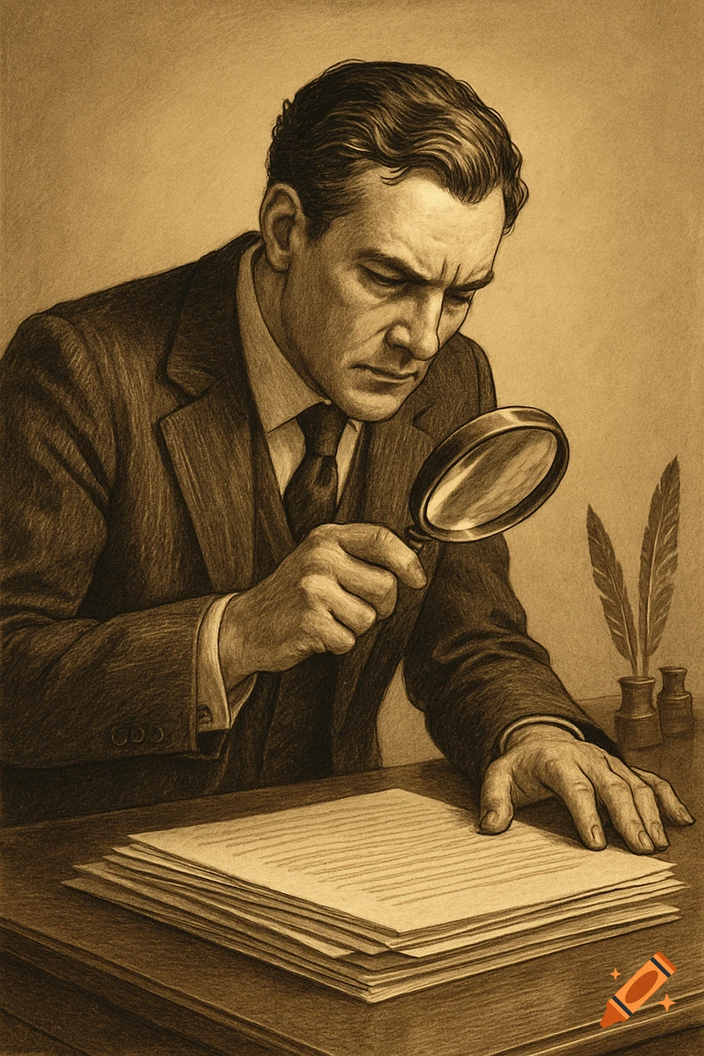 Sepia illustration of a man leaning over a desk, using a magnifying glass to examine papers next to a quill and ink.