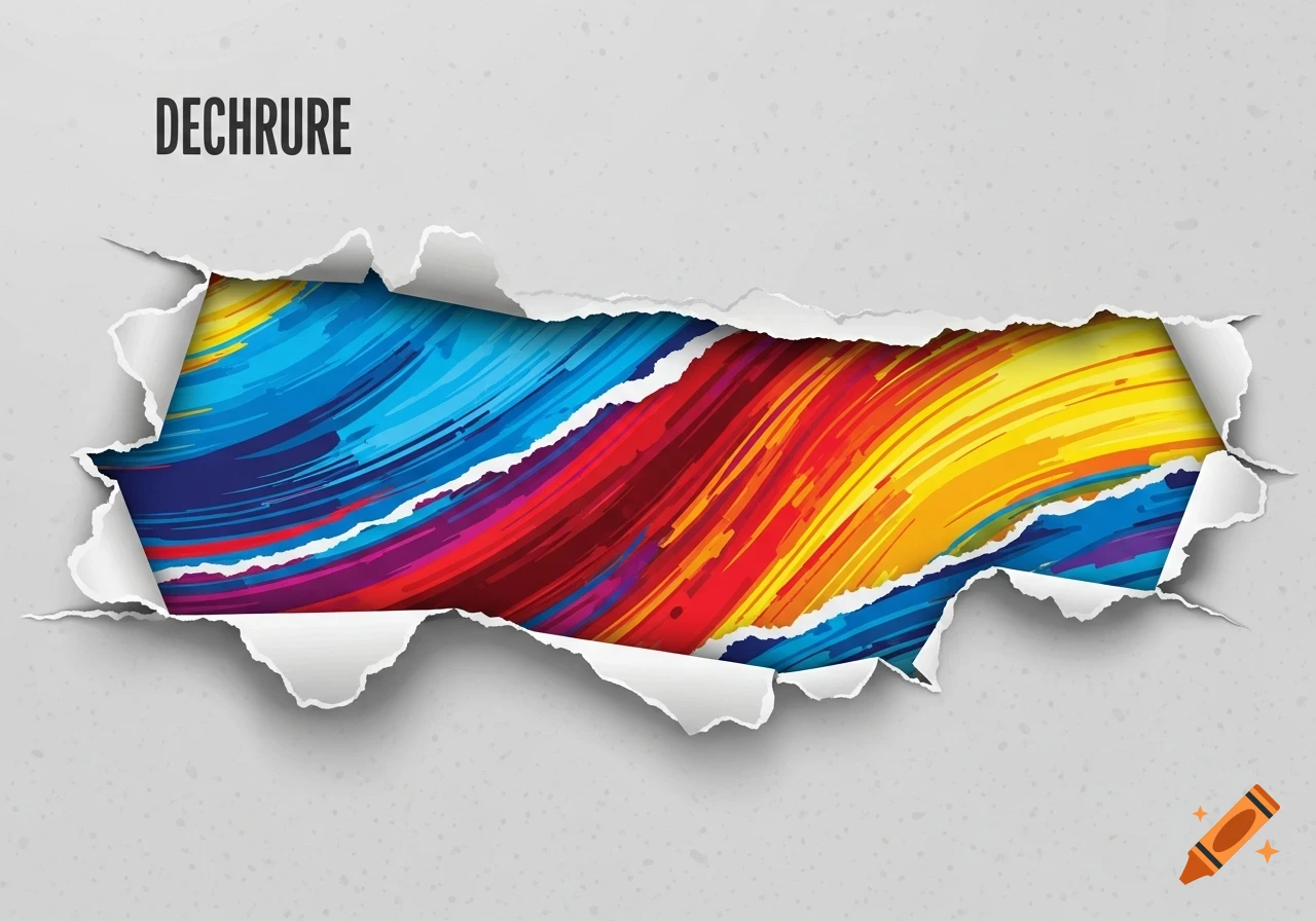 A ripped gray paper texture revealing vibrant, abstract blue, red, and yellow paint strokes underneath, with the word DECHRURE.