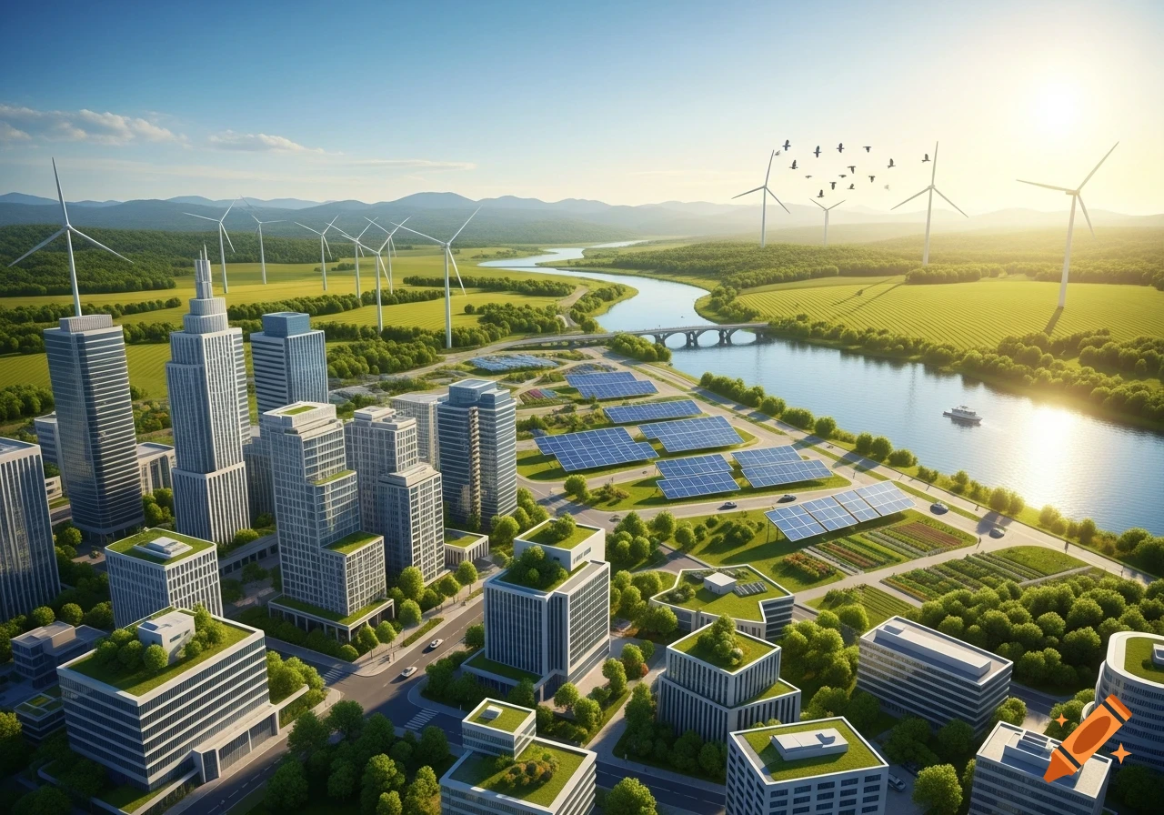 Aerial view of a sustainable city with modern buildings, wind turbines, solar panels, and a river, under a bright sky.