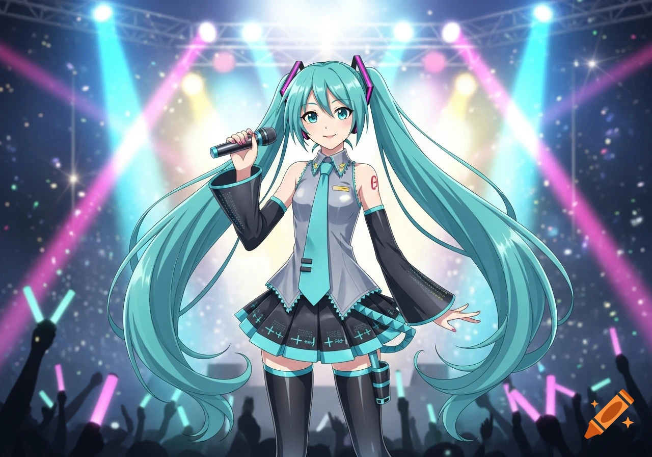 Hatsune Miku, an anime girl with long turquoise pigtails, smiles while holding a microphone on a brightly lit concert stage with a crowd in the foreground.