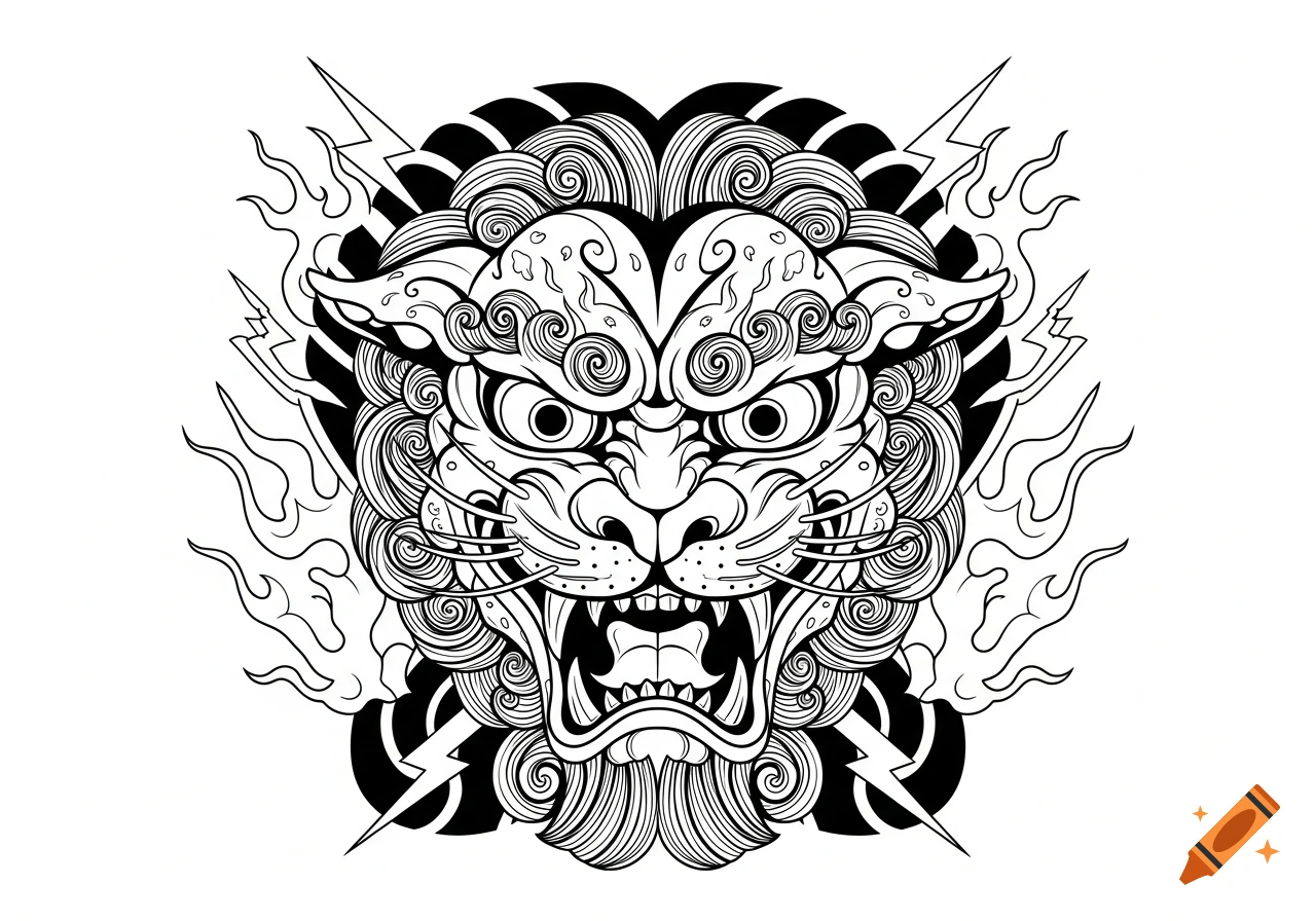 Black and white line art of a roaring Japanese lion's head, in an old school tattoo style, with decorative flames and lightning bolts around it.