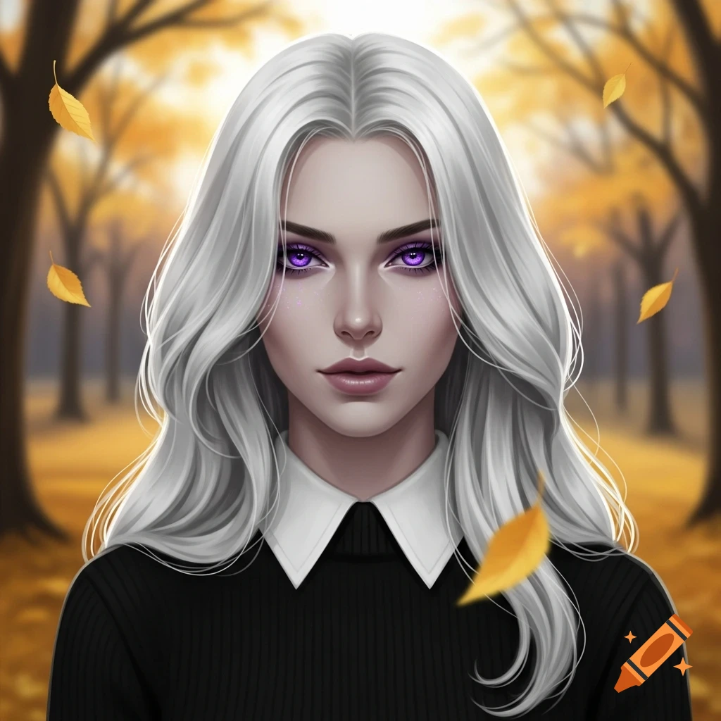 Digital portrait of a woman with white hair and violet eyes, black ...