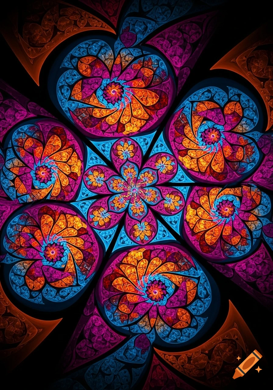 A vibrant, intricate abstract fractal pattern in vivid magenta, orange, and blue on a black background, resembling stained glass.