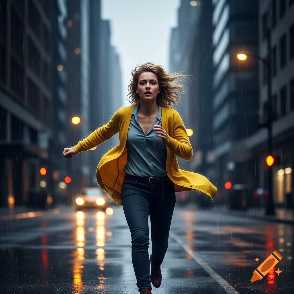 Photorealistic image of a blonde woman in a yellow cardigan running down a wet city street in the rain.