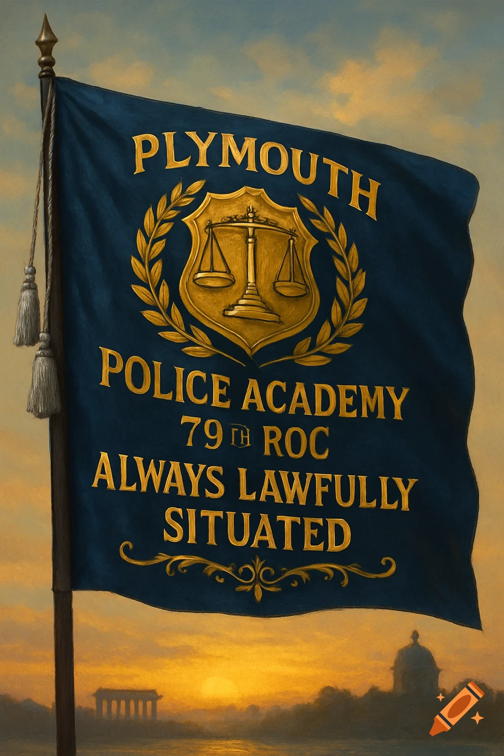 A dark blue flag for the Plymouth Police Academy, featuring a gold emblem with scales of justice and text against a sunset landscape.