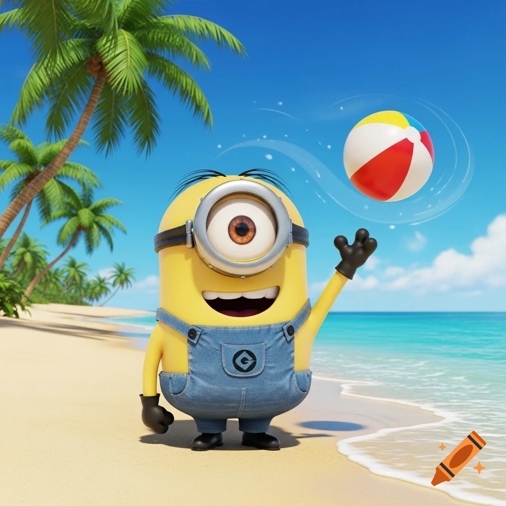 A happy Minion wearing denim overalls plays with a colorful beach ball on a sunny tropical beach with palm trees.