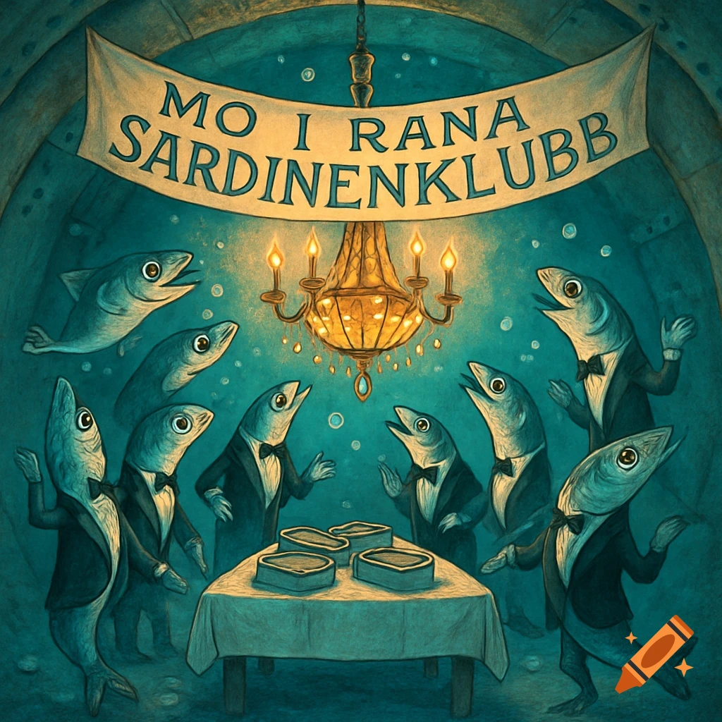Anthropomorphic sardines in tuxedos party under a chandelier in an underwater culvert, with a banner reading 'MO I RANA SARDINENKLUBB' and sardine tins on a table.