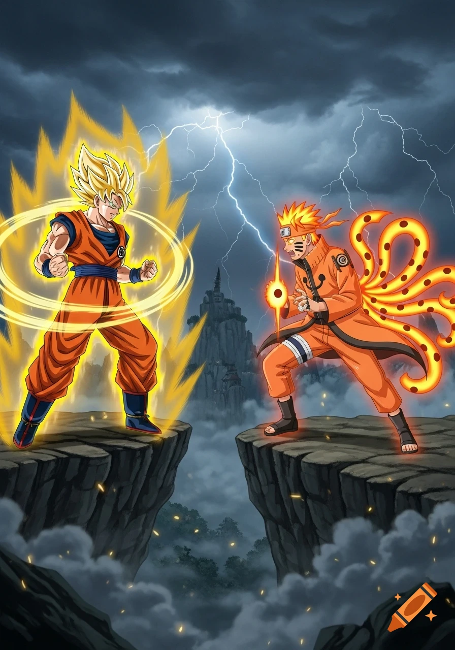 Goku in Super Saiyan form and Naruto in Nine-Tails Chakra Mode face off on rocky cliffs under a stormy sky with lightning.