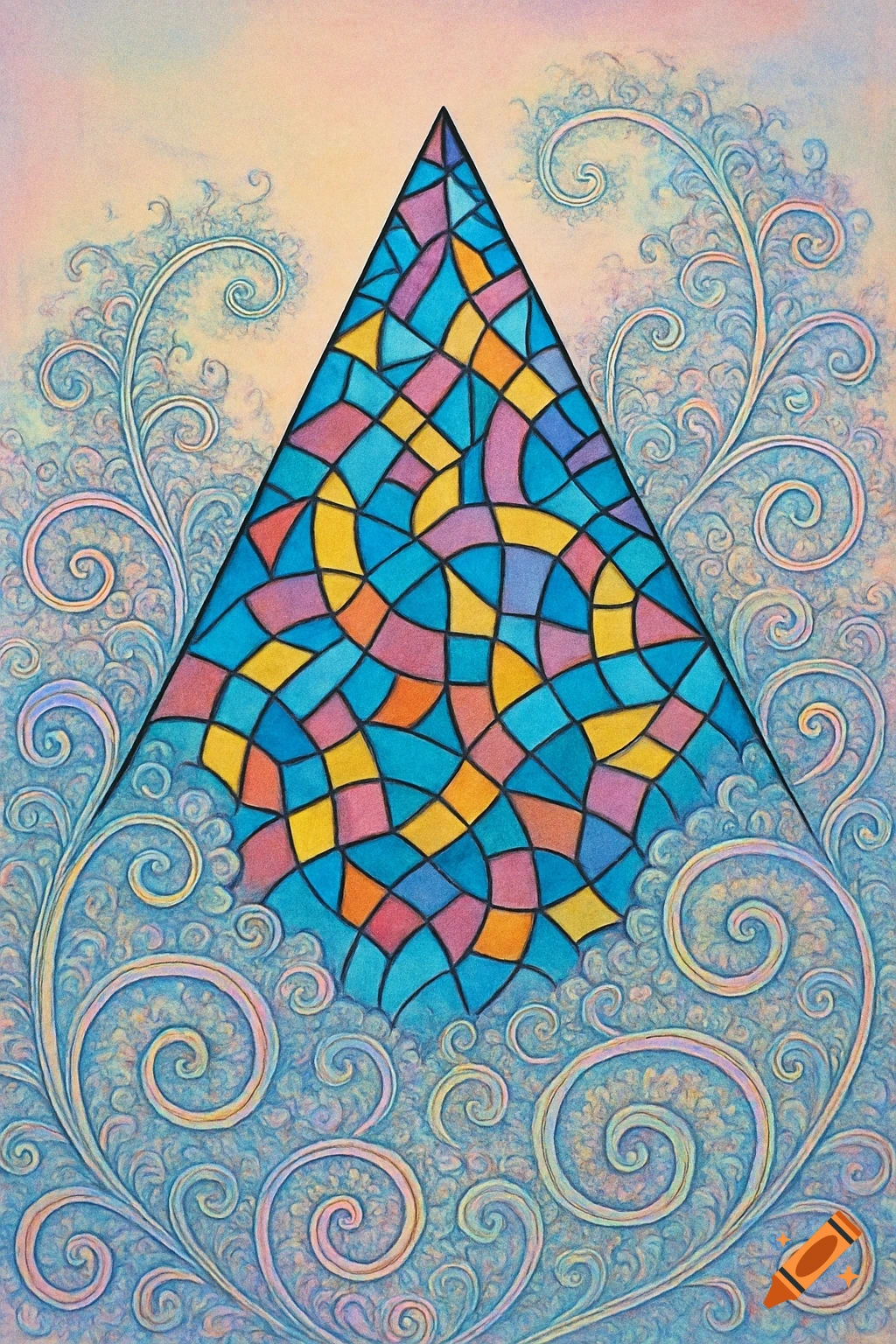 A colorful triangle with stained glass patterns, surrounded by swirling decorative motifs on a textured background.