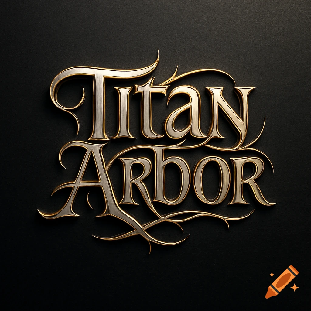 Gold and silver metallic logo spelling 'Titan Arbor' with intricate swirling details on a dark background.
