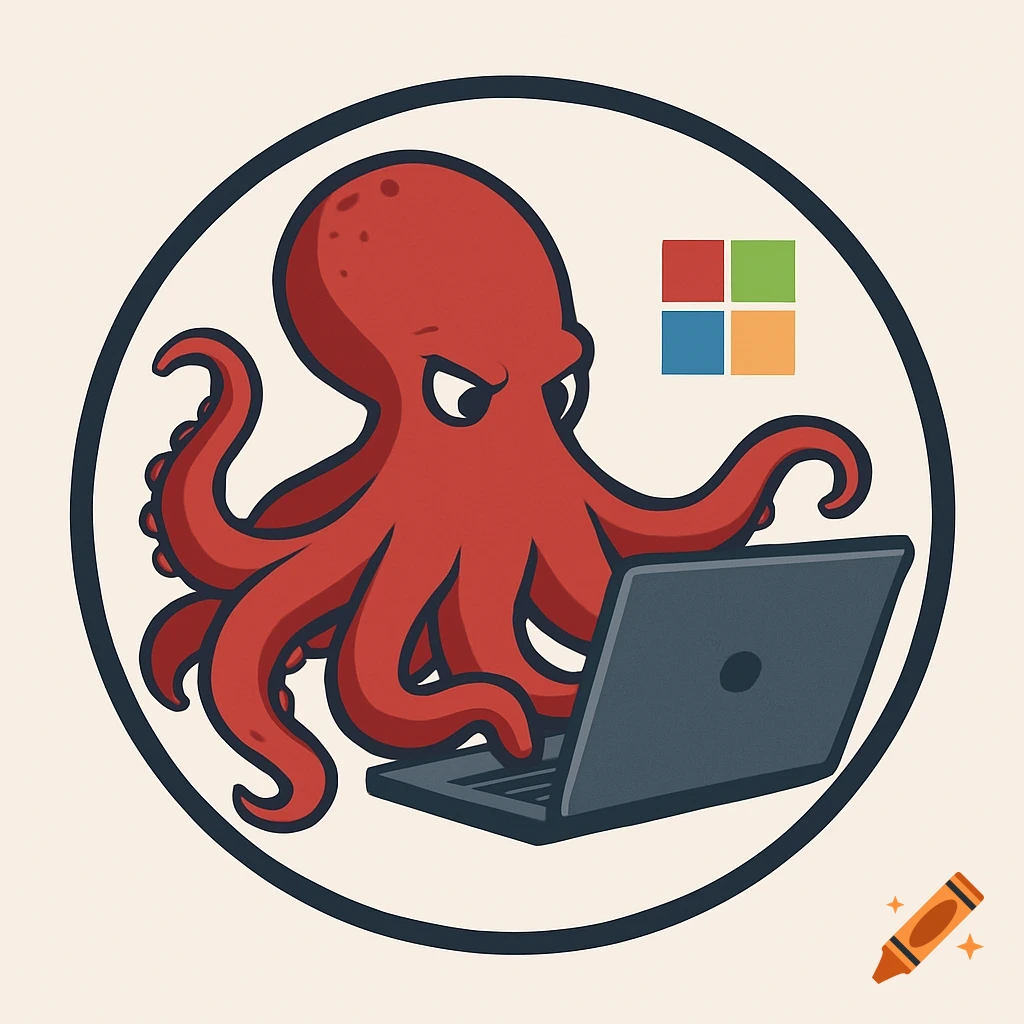 A stylized red octopus with a stern expression sits at a black laptop, with a colored four-square logo above its head, all enclosed in a white circle.