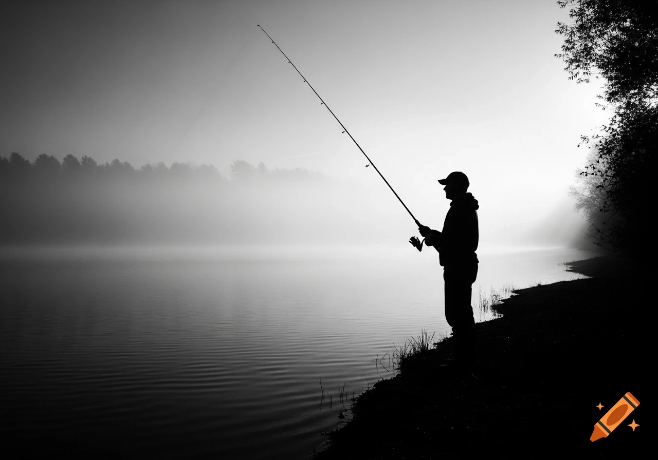 A silhouetted fisherman stands by a misty lake with a fishing rod in a black and white photograph.