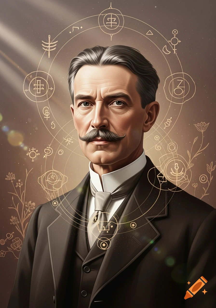 Portrait of a distinguished man with a mustache in a dark suit and tie, against a sepia-toned background with glowing esoteric symbols and floral patterns.