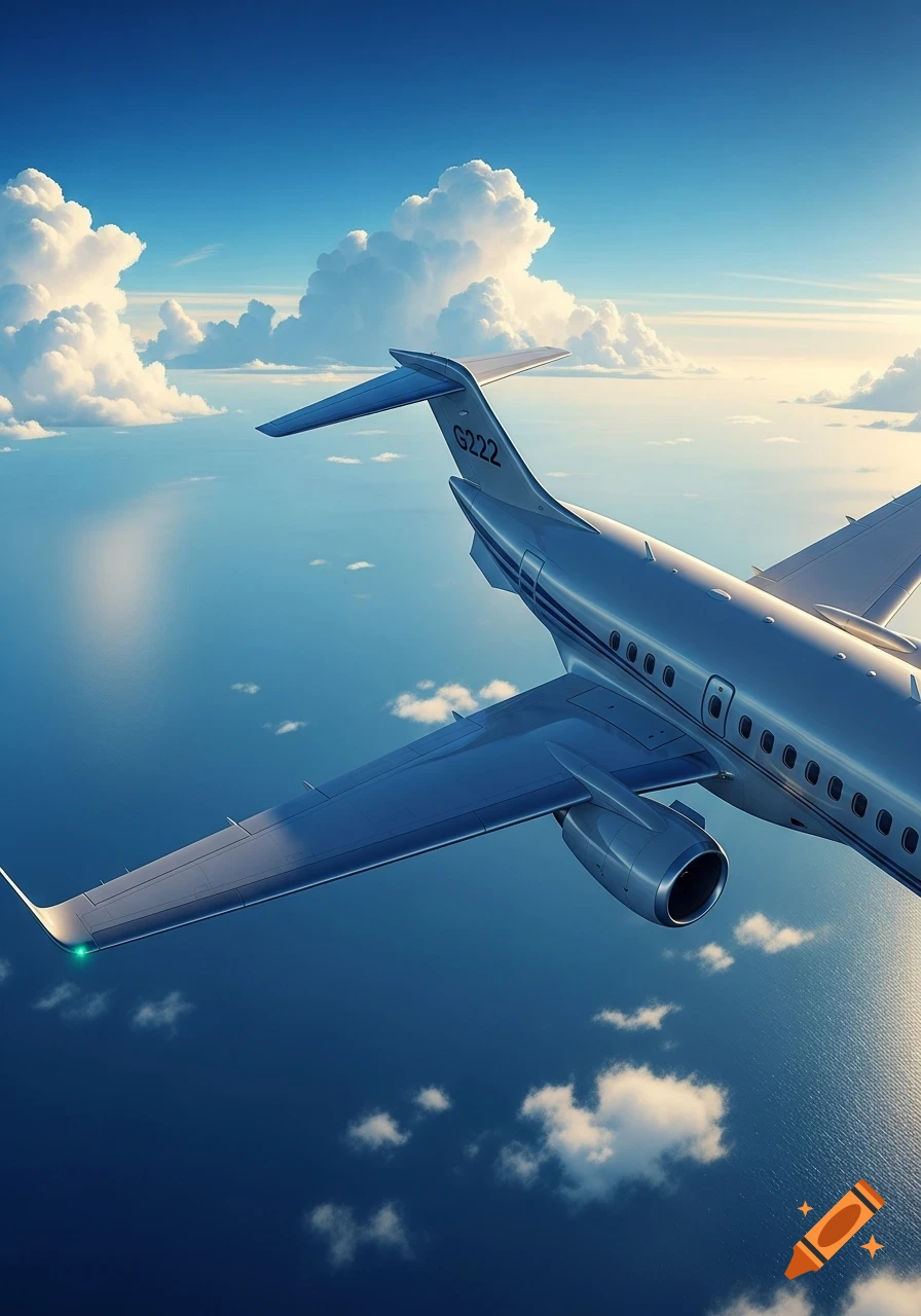 A photorealistic view of a silver airplane, marked G222, flying above a blue ocean with scattered white clouds.