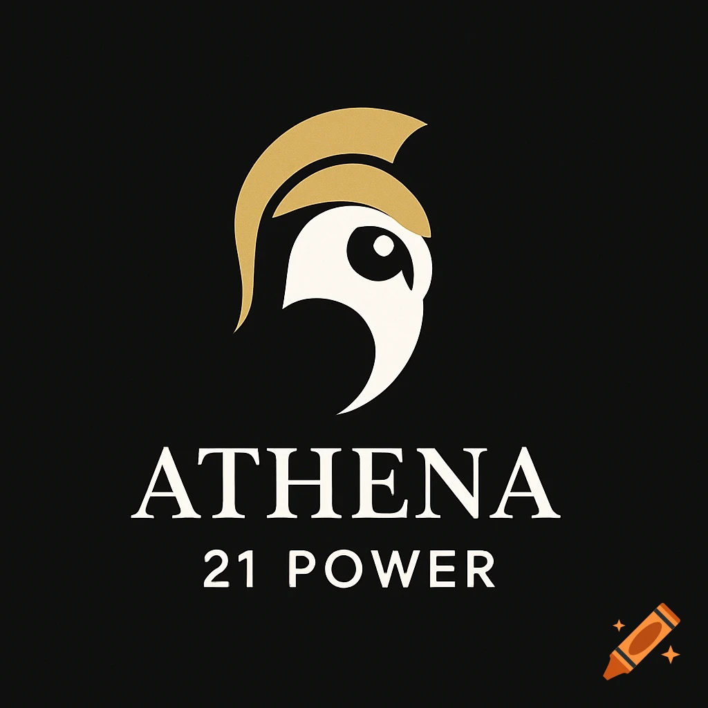 Minimalist logo with a stylized white owl wearing a gold crest, above "ATHENA" and "21 POWER" text on black.