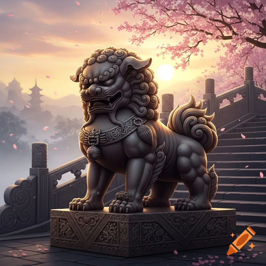A detailed stone statue of a foo dog on a pedestal next to stone stairs, with cherry blossoms and pagodas at sunset.