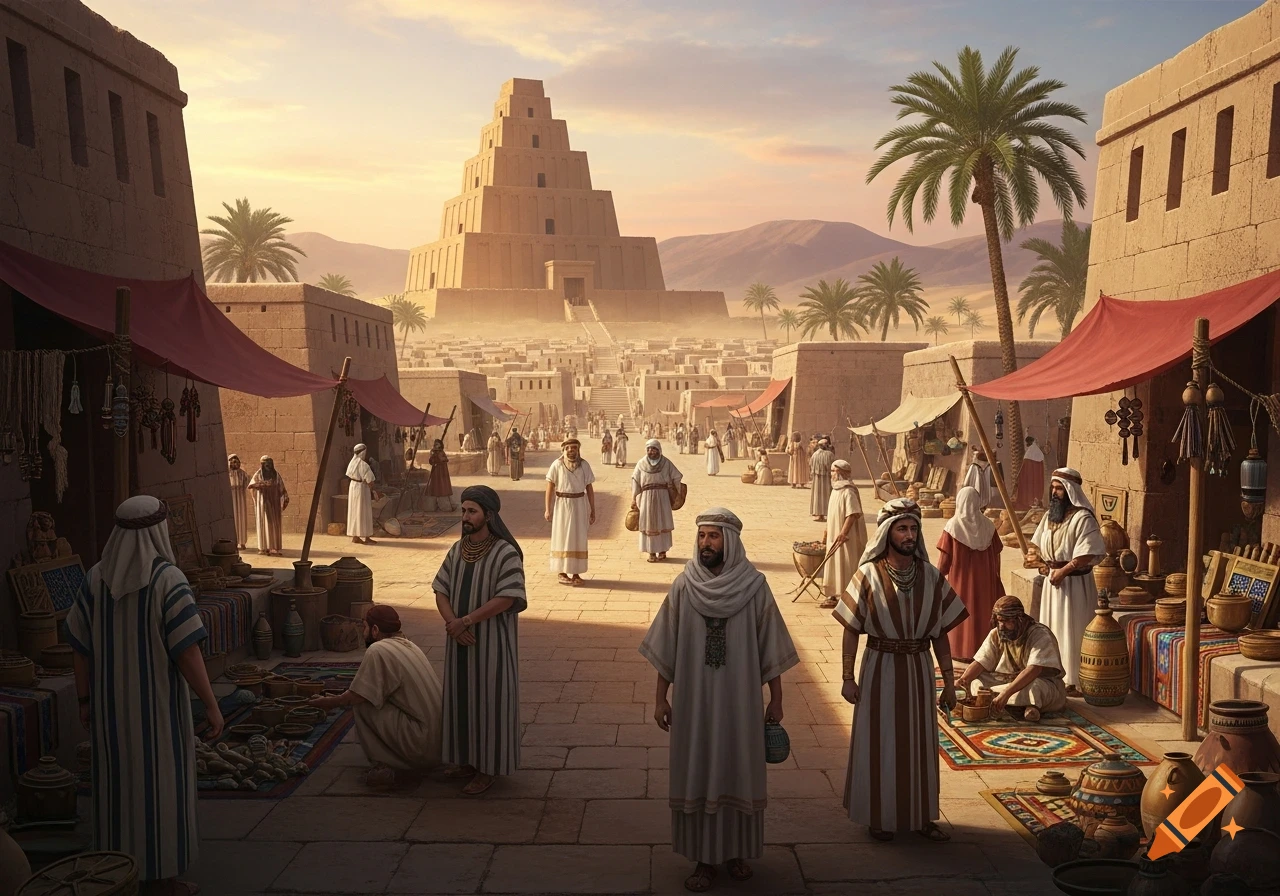 Photorealistic depiction of an ancient Middle Eastern market street with people, stalls, and a large ziggurat under a sunset sky.