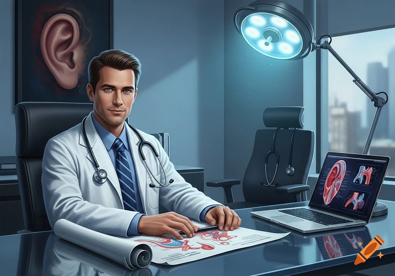 A male doctor in a white lab coat and stethoscope sits at a desk with medical diagrams and a laptop showing ear anatomy.