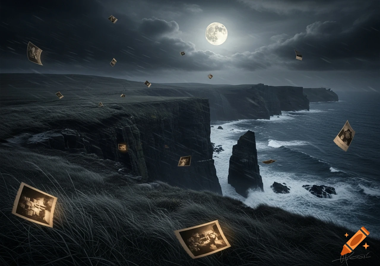 A dark, moody landscape of sea cliffs under a full moon and stormy sky, with old sepia photographs blowing in the wind.
