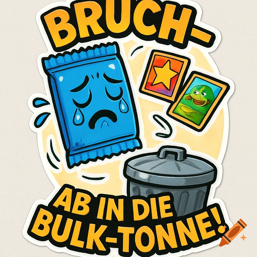 Cartoon sticker of a sad blue booster pack and two trading cards falling into a trash can, with German text.