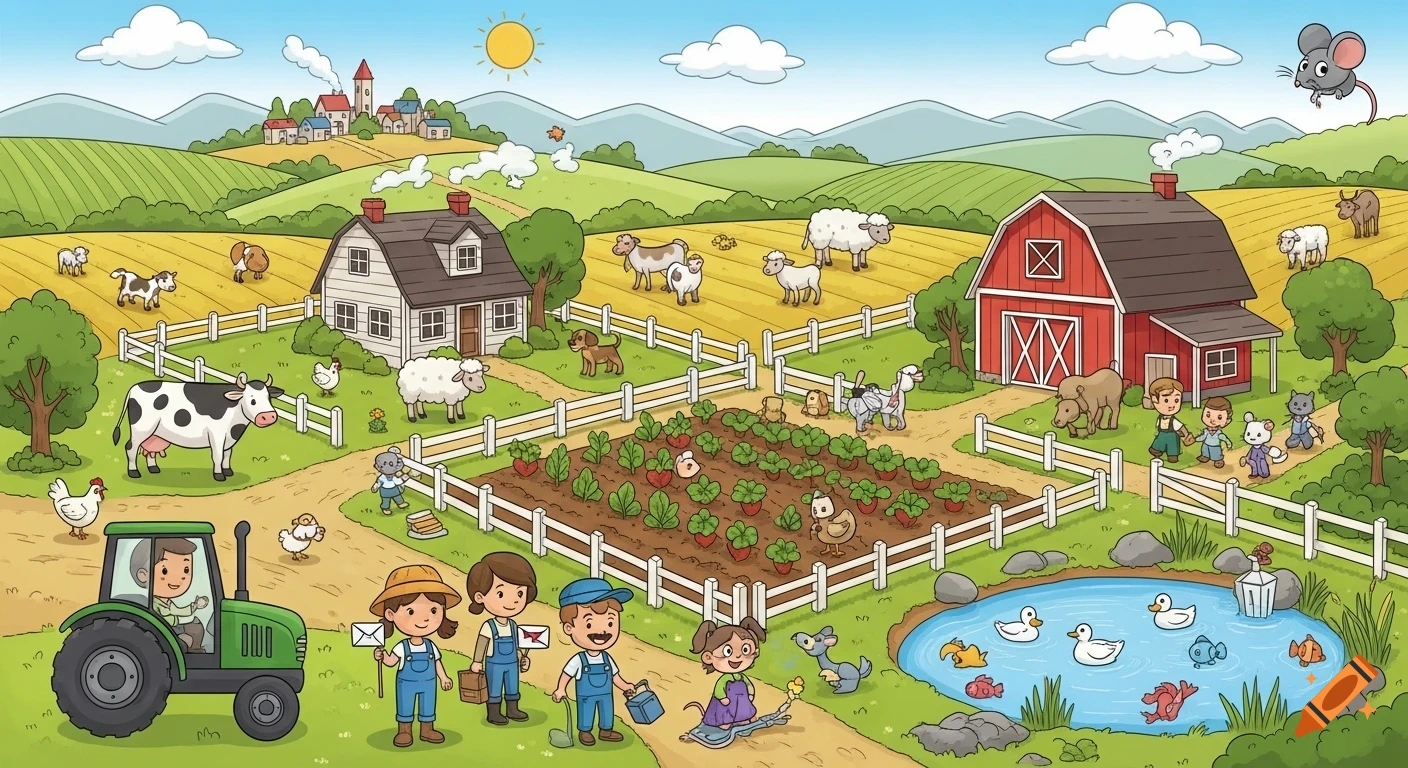 Detailed cartoon illustration of a lively farm scene with houses, barn, fields, various farm animals, children, a tractor, and a village in the background.