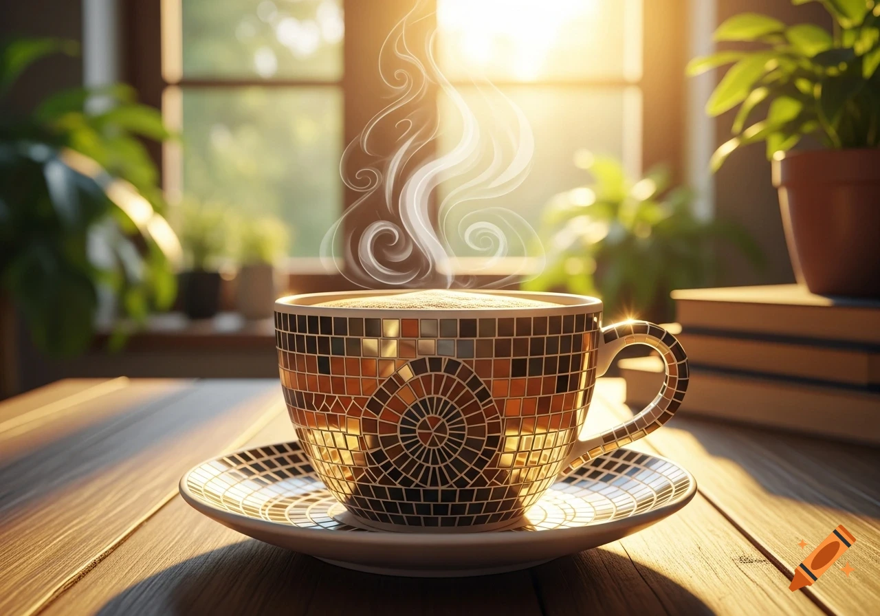 Steaming mosaic coffee cup on a wooden table bathed in morning sunlight, with blurred green plants in the background.