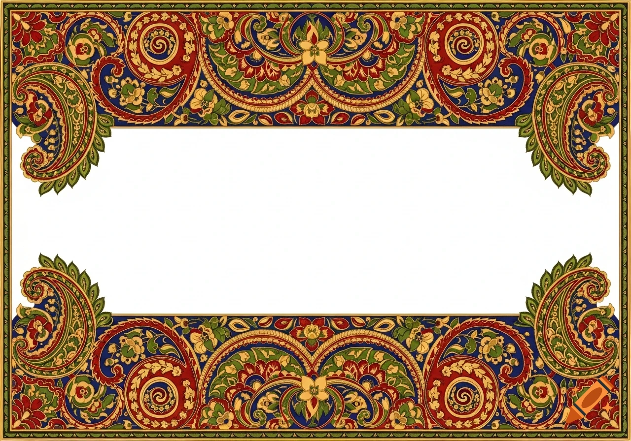 A traditional Indian-style decorative border with intricate red, blue, green, and gold floral and paisley motifs.