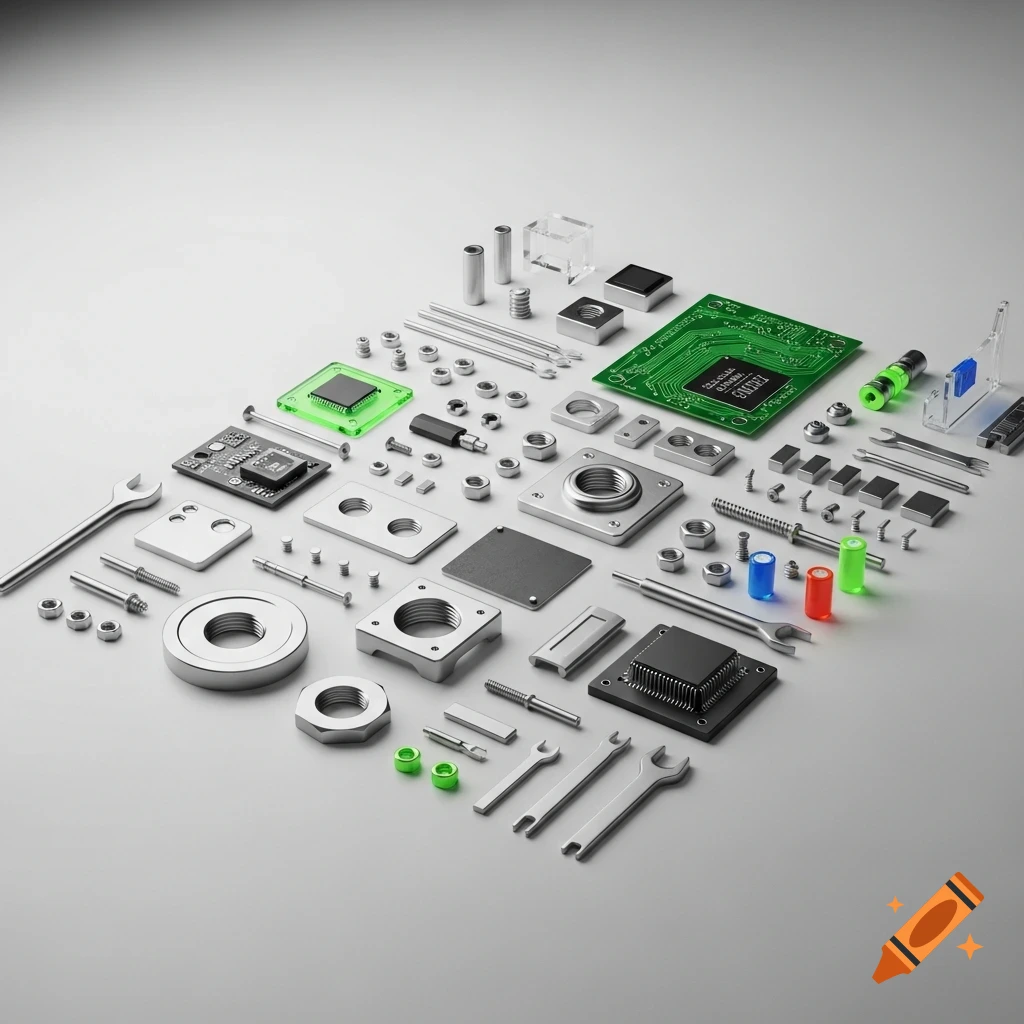 Various electronic components, tools, and mechanical parts neatly ...