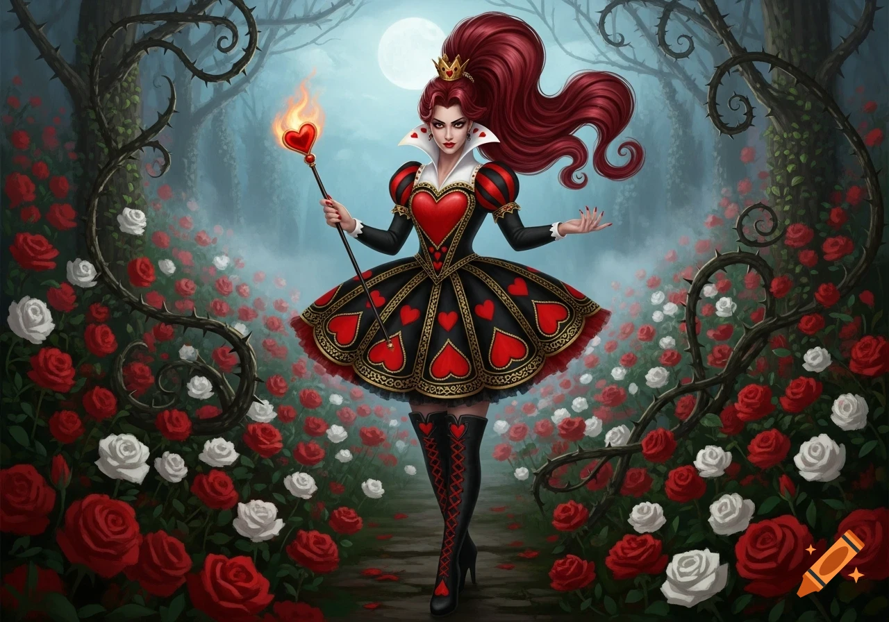 A beautiful Queen of Hearts with long red hair, wearing a black dress with red hearts and tall boots, holding a flaming heart scepter in a moonlit rose garden.