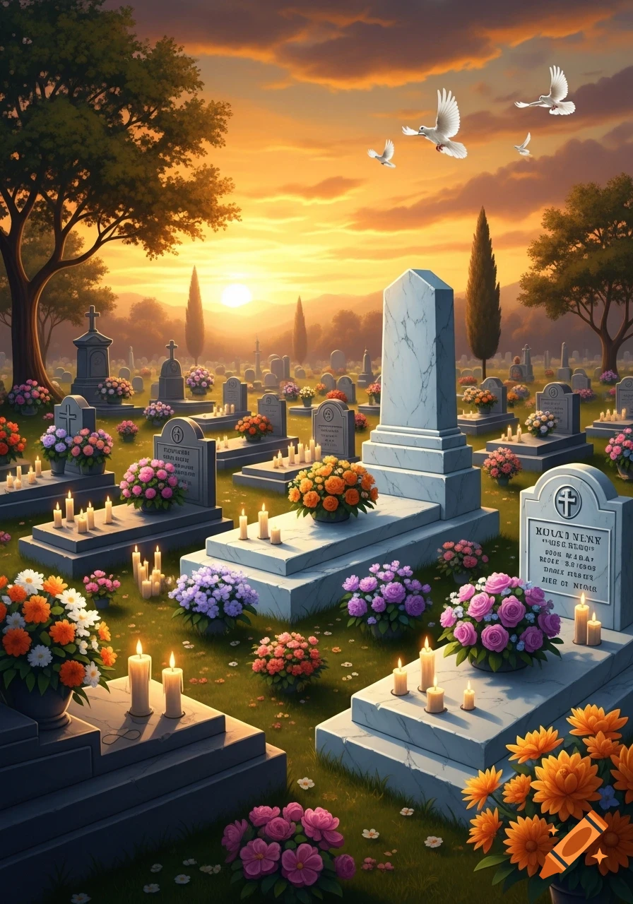 A serene cemetery scene at sunset, featuring numerous gravestones adorned with flowers and lit candles, with white doves flying above.