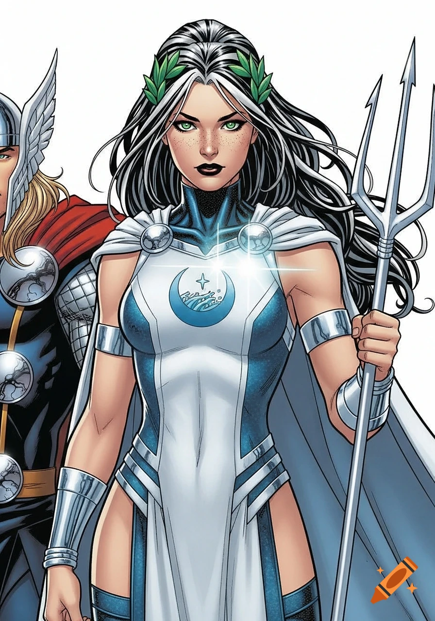 A Marvel comic-style female character with green eyes, freckles, and black-white hair, wearing a white and blue costume, silver cape, and holding a trident.