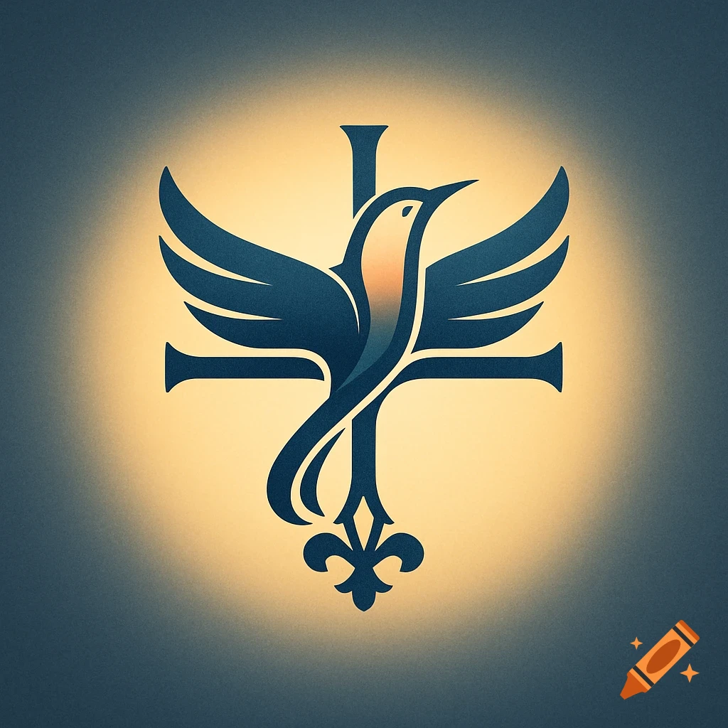 A stylized logo featuring a dark blue bird with outstretched wings integrated into a cross-like symbol with a fleur-de-lis, on a glowing golden background.